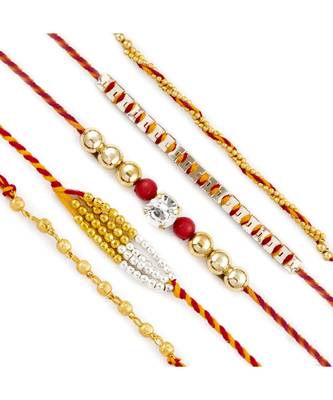 Set Of 5 Small Golden Beads Twisted Mauli Thread Rakhi 1