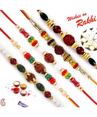 Set Of 5 Yellow,Red And Green Beads Rudraksh Rakhi 1