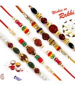 Set Of 5 Yellow,Red And Green Beads Rudraksh Rakhi