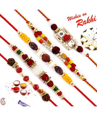 Set Of 5 Lovely Multicolour Beads Studded Rudraksh Rakhi 1