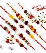 Set Of 5 Lovely Multicolour Beads Studded Rudraksh Rakhi