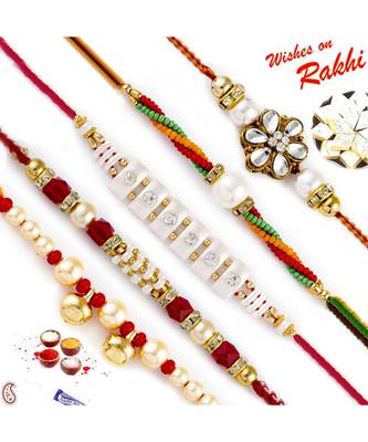 Set Of 5 Ad & Kundan Studded Pearl Rakhi 1