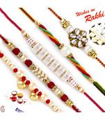 Set Of 5 Ad & Kundan Studded Pearl Rakhi