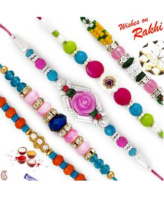 Set Of 5 Multicolour Beads Ad Studded Rakhi 1