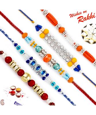 Set Of 5 Multicolour Solid Beads Ad Studded Rakhi 1