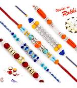 Set Of 5 Multicolour Solid Beads Ad Studded Rakhi