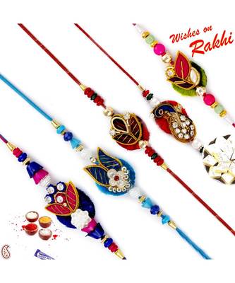 Set Of 5 Traditional Design Ad Studded Zardosi Rakhi 1