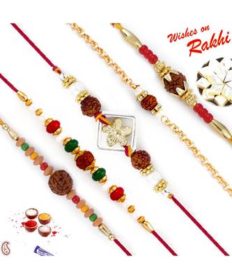 Set Of 5 Rudraksh Studded Chain Style Mauli Rakhi 1