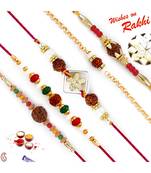 Set Of 5 Rudraksh Studded Chain Style Mauli Rakhi