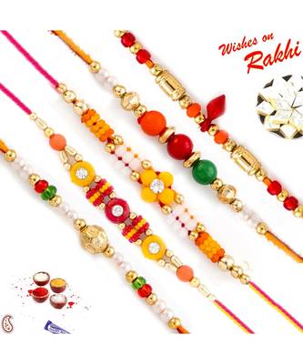 Set Of 5 Traditional Beads Floral Motif Thread Rakhi 1