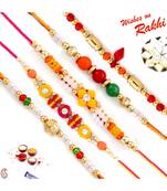 Set Of 5 Traditional Beads Floral Motif Thread Rakhi