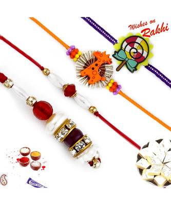 Golden And Pearl Beads Family Rakhi Set With 2 Kids Rakhis 1