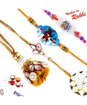 Kundan Work Family Rakhi Set With 2 Kids Rakhis 1