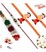 Red And Green Beads Ad Stud Family Rakhi Set With 2 Kids Rakhis