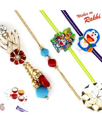 Red And Turquoise Faceted Bead Family Rakhi Set With 2 Kids Rakhis 1