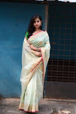 pastel green chanderi with Meena buttis 1