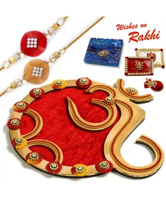 Classy Handcrafted Floral Work Golden Rakhi Pooja Thali With Set Of 2 Rakhis 1