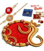 Classy Handcrafted Floral Work Golden Rakhi Pooja Thali With Set Of 2 Rakhis