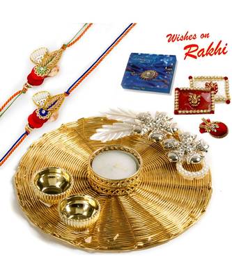Handcrafted Mesh Work Golden Rakhi Pooja Thali With Set Of 2 Rakhis 1