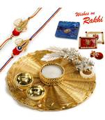 Handcrafted Mesh Work Golden Rakhi Pooja Thali With Set Of 2 Rakhis