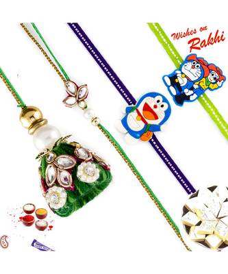 Green Kundan Work Family Rakhi Set With 2 Kids Rakhis 1