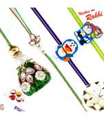 Green Kundan Work Family Rakhi Set With 2 Kids Rakhis