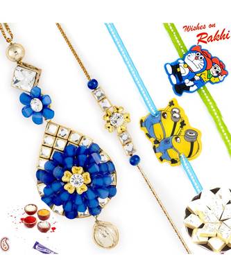 Blue And White Crystal Beads Family Rakhi Set With 2 Kids Rakhis 1