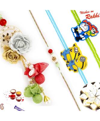 Tissue Flower Work Family Rakhi Set With 2 Kids Rakhis 1