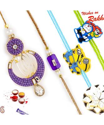 Cut And Polished Purple Beads Family Rakhi Set With 2 Kids Rakhis 1