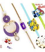 Cut And Polished Purple Beads Family Rakhi Set With 2 Kids Rakhis