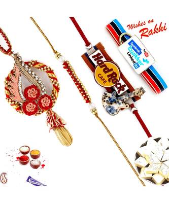 Resham Thread And Gota Work Family Rakhi Set With 2 Kids Rakhis 1