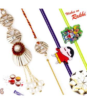 Pearl Hanging Metallic Family Rakhi Set With 2 Kids Rakhis 1