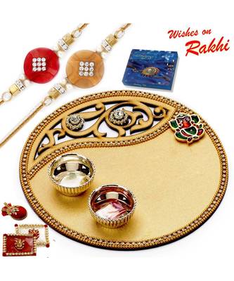 Golden Cut Work Rakhi Pooja Thali With Set Of 2 Rakhis 1