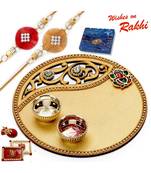 Golden Cut Work Rakhi Pooja Thali With Set Of 2 Rakhis