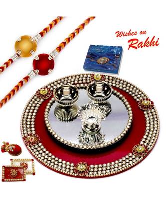 Crystal Studded Rakhi Pooja Thali With Set Of 2 Rakhis 1