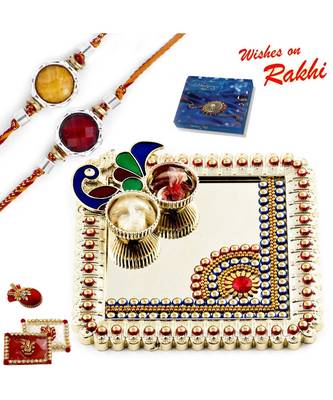 Elegant Handcrafted Peacock Design Rakhi Thali With Set Of 2 Rakhis 1