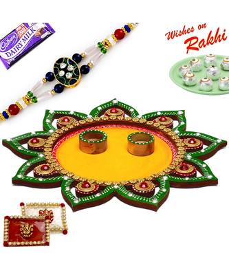 Sparkling Green & Yellow Floral Design Rakhi Pooja Thali With Rakhis 1