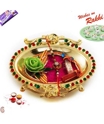 Golden Polish Meena Work Rakhi Thali With Rakhis 1