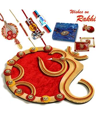 Classy Handcrafted Floral Work Golden Rakhi Pooja Thali With Family Rakhi Set 1