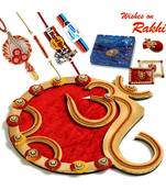 Classy Handcrafted Floral Work Golden Rakhi Pooja Thali With Family Rakhi Set
