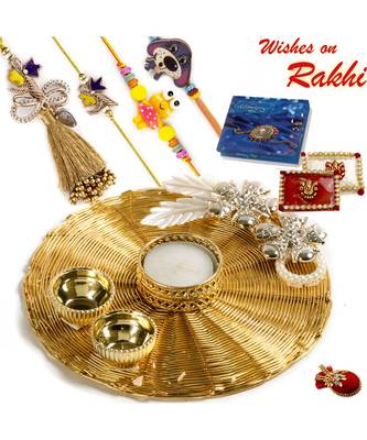 Handcrafted Mesh Work Golden Rakhi Pooja Thali With Family Rakhi Set 1