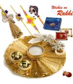 Handcrafted Mesh Work Golden Rakhi Pooja Thali With Family Rakhi Set