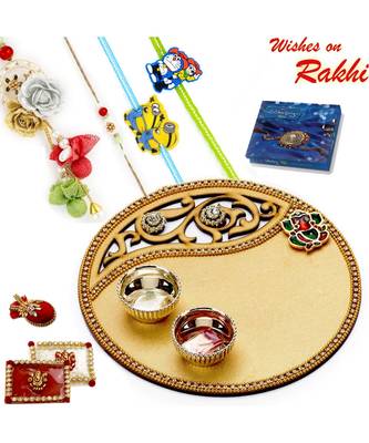 Golden Cut Work Rakhi Pooja Thali With Family Rakhi Set 1