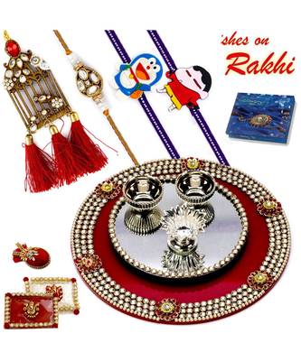 Crystal Studded Rakhi Pooja Thali With Family Rakhi Set 1