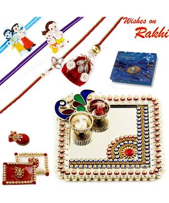 Elegant Handcrafted Peacock Design Rakhi Thali With Family Rakhi Set 1