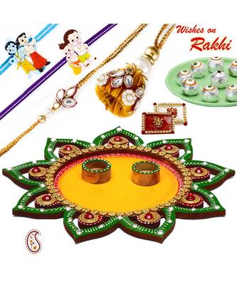 Sparkling Green & Yellow Floral Design Rakhi Pooja Thali With Family Rakhi Set 1