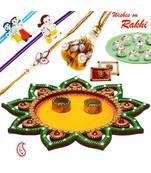 Sparkling Green & Yellow Floral Design Rakhi Pooja Thali With Family Rakhi Set