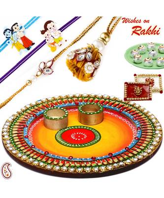 Colorful Crystal Stone Studded Round Rakhi Pooja Thali With Family Rakhi Set 1