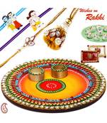 Colorful Crystal Stone Studded Round Rakhi Pooja Thali With Family Rakhi Set