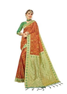Rust woven faux banarasi silk saree with blouse 1